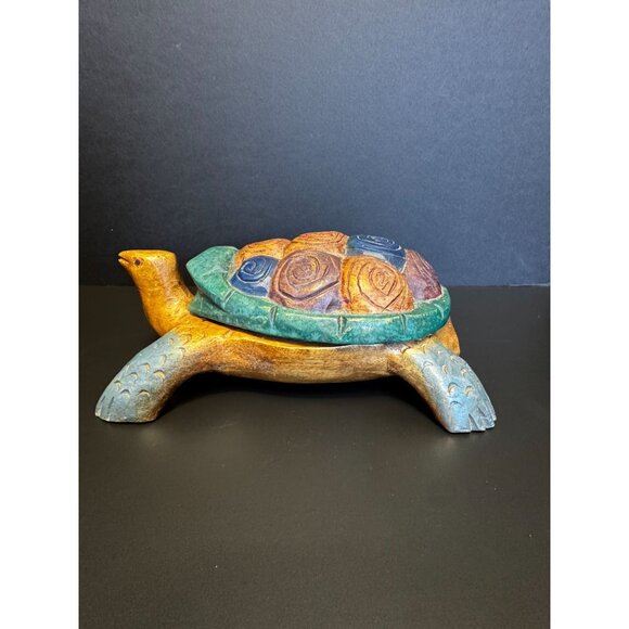 Hand-Carved & Painted Wooden Turtle Trinket Box Sea Ocean Beach Decor - Picture 8 of 16